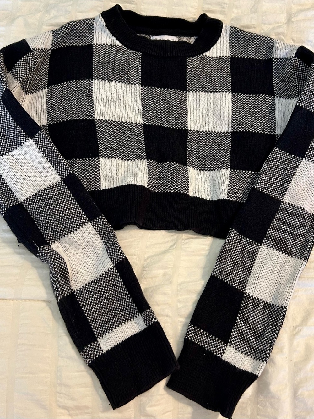 Tahari Black and White Buffalo Check Crewneck Sweater